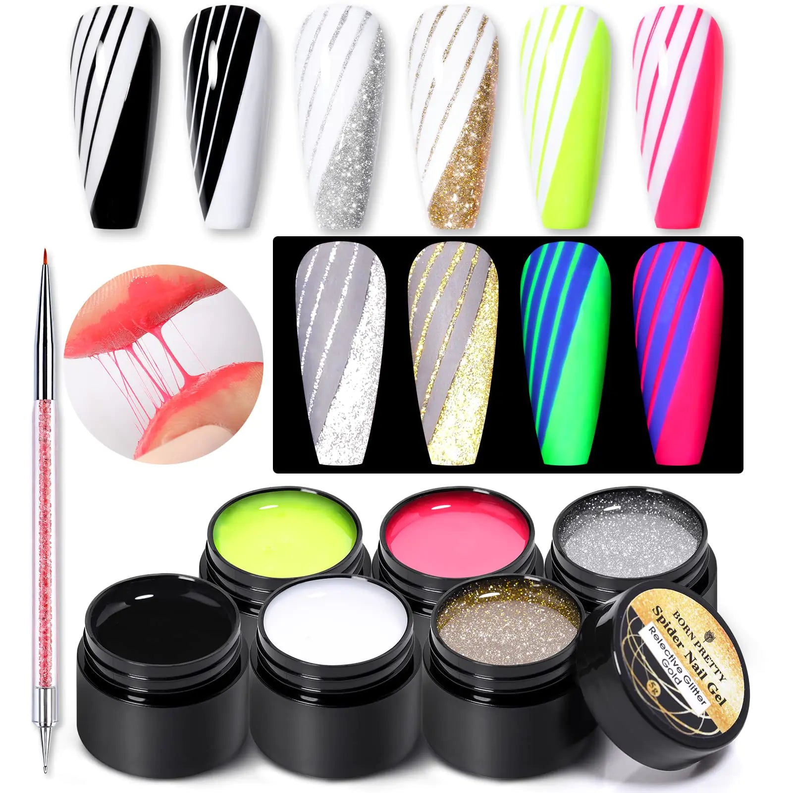 Born Pretty Spider Gel Nail Art Set – 6 Neon Reflective Colors for Halloween & Creative Line Designs